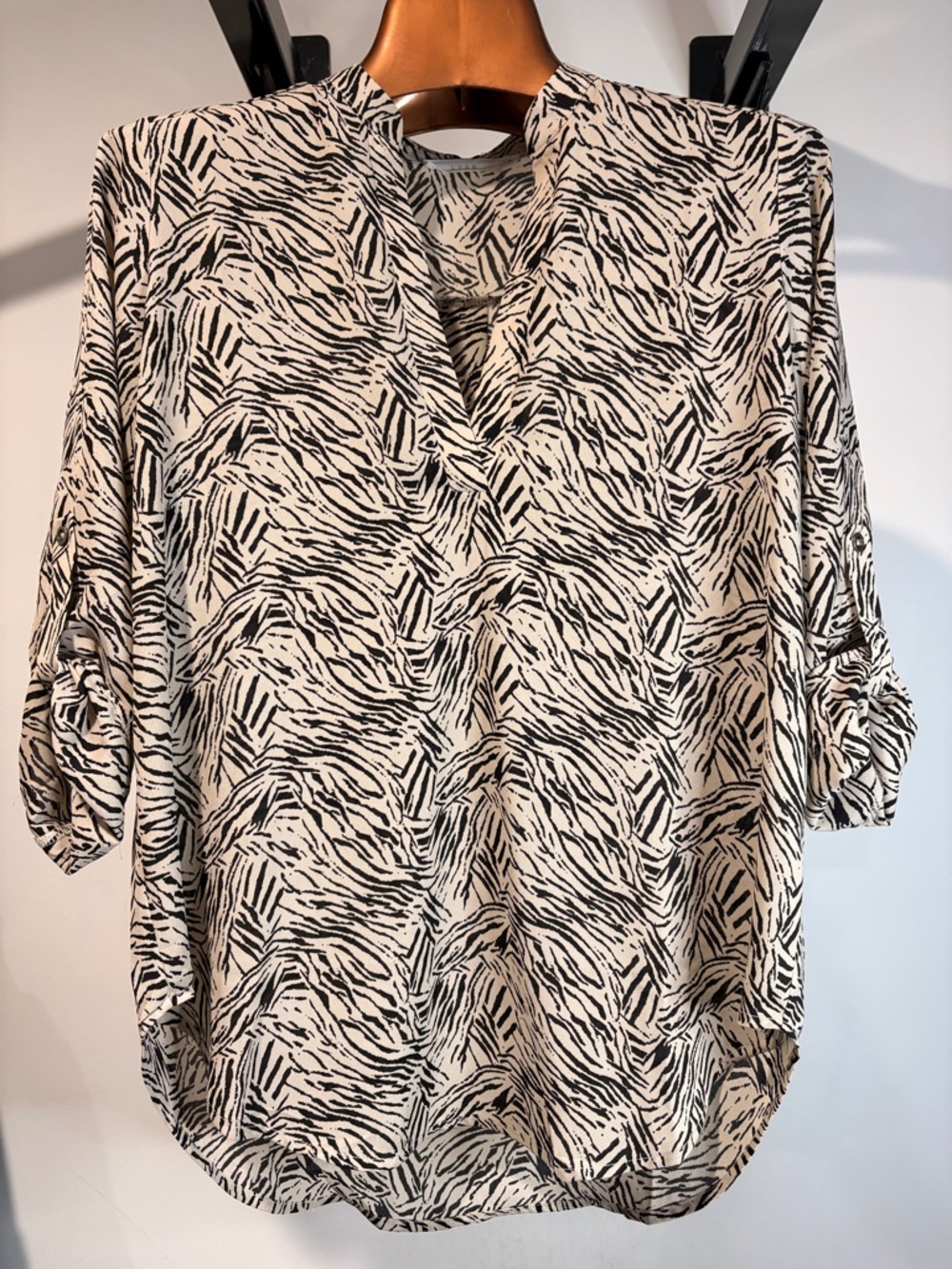 Lush Black and Cream Zebra Print V-Neck Blouse